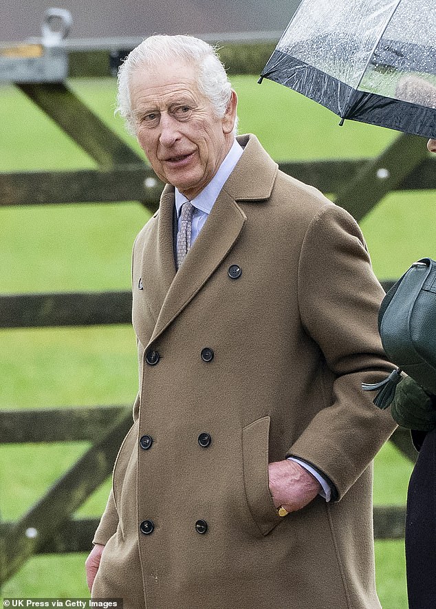 King Charles III attends the Sunday service at the Church of St Mary Magdalene on the Sandringham estate on February 18, 2024