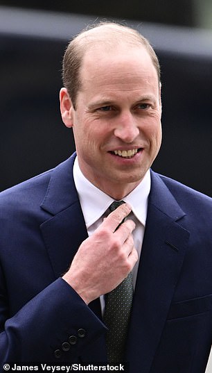 A smiling Prince William walks into the Commonwealth Service this afternoon