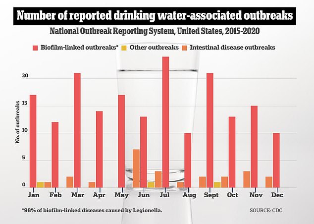 Reported outbreaks included 187 biofilm-associated, 24 enteric illness-associated, and three other unknown sources. Biofilms form on surfaces within water systems and serve as an ideal reservoir for bacteria to grow and spread