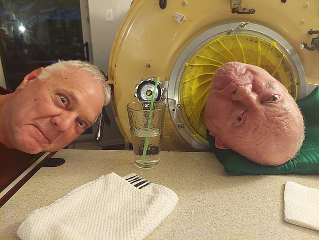 The yellow iron lung, with its black rubber wheels, could be raised to different heights to suit Mr Alexander's caregiver. Pictured, Paul Alexander with his brother Philip. In a heartbreaking Facebook tribute, Philip called his sibling 'loving' and 'also a pain in the as**'