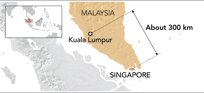 Map showing distance between Kuala Lumpur and Singapore