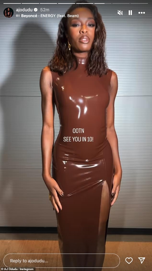 The presenter, sent temperatures soaring in a skin-tight brown rubber dress as she took to her Instagram Stories ahead of the show