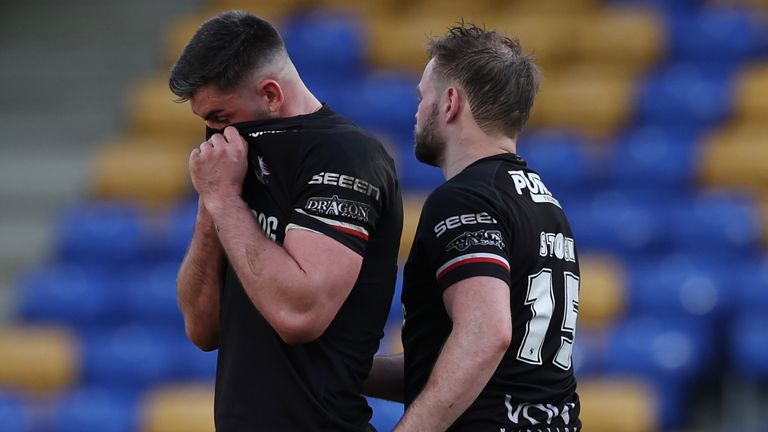 Will Lovell of London Broncos looks dejected after the heavy defeat to Warrington Wolves (SWpix)