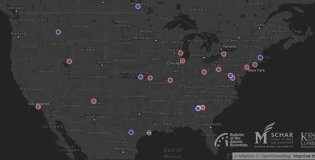 The above map shows the locations of BSL4 (blue dots) and BSL3 (red dots) labs in the United States. Many are located within urban centers