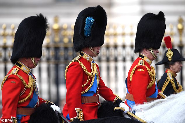 King Charles (left), then Prince of Wales, William (second from the left), then Duke of Cambridge, Prince Andrew (second from the right) and Princess Anne (right) ride on horses during the Trooping of the Colour parade, in central London, 8 June 2019