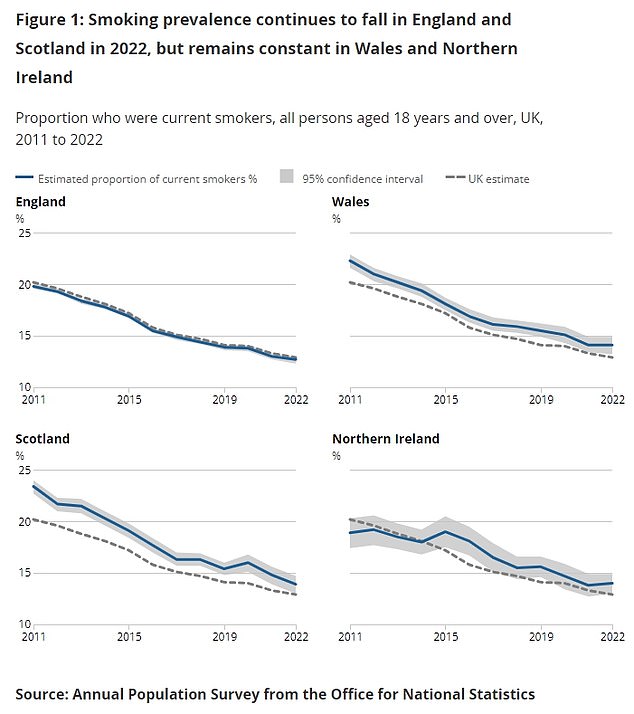 Latest ONS figures show the number of people smoking cigarettes in the UK has dropped to a record low. In total 6.4million adults in the UK — or 12.9 per cent — smoked in 2022. This is the lowest number since records began in 2011 and is a drop on the 13.3 per cent reported in 2021