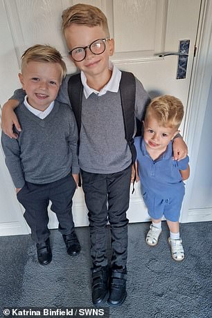 Ms Binfield broke the devastating news last week to their children, Louie, eight (centre), Karson, five (left) and Arlo two (right)