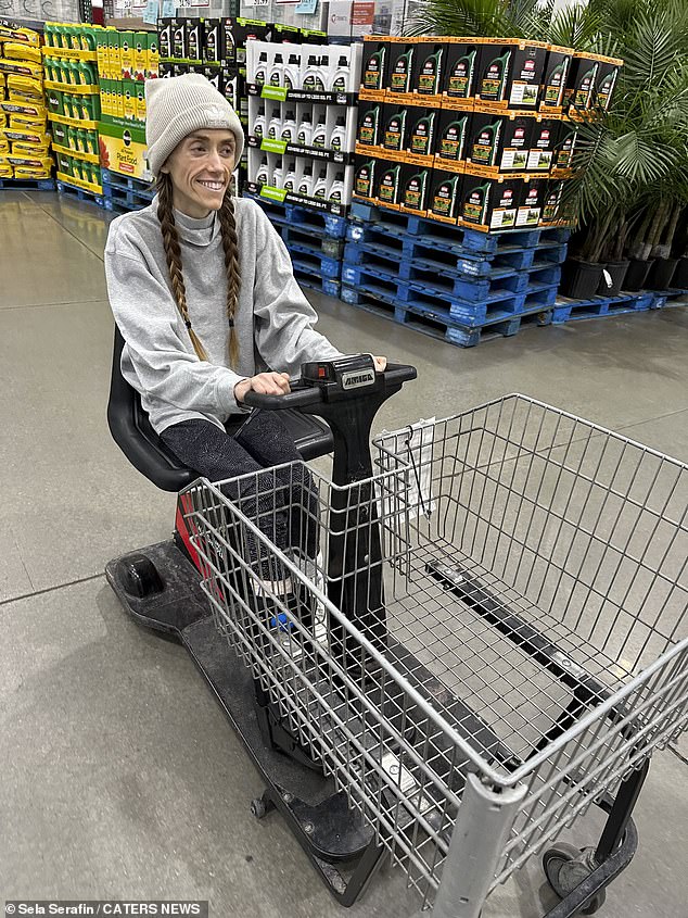 Ms Serafin using a wheelchair after recovering from necrosis. She weighed just 65lbs after she got out of the hospital