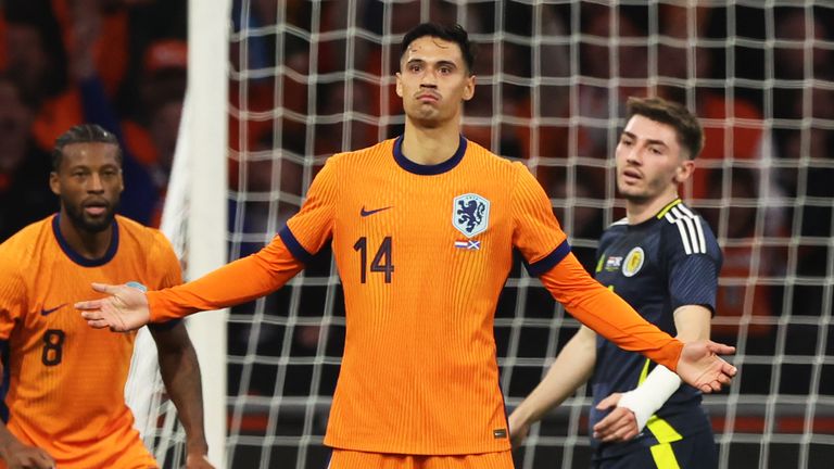 AMSTERDAM, NETHERLANDS - MARCH 22: Tijjani Reijnders celebrates after scoring to make it 1-0 The Netherlands during an international friendly match between the Netherlands and Scotland at the Johan Cruyff Arena, on March 22, 2024, in Amsterdam, Netherlands. (Photo by Craig Williamson / SNS Group)