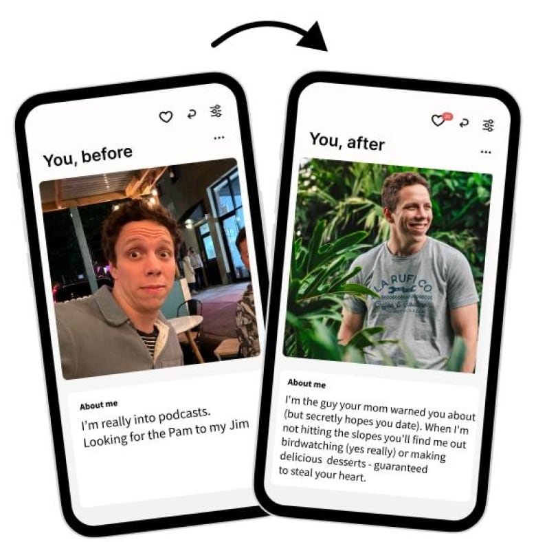 Two phones with an example of AI-enhance dating profiles, before and after.