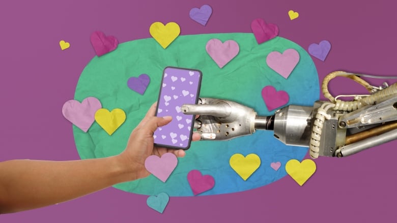 A human and a robot hand hold a smartphone. 