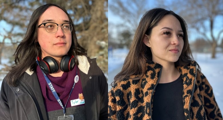 Side-by-side portraits of women standing in a snowy park. 