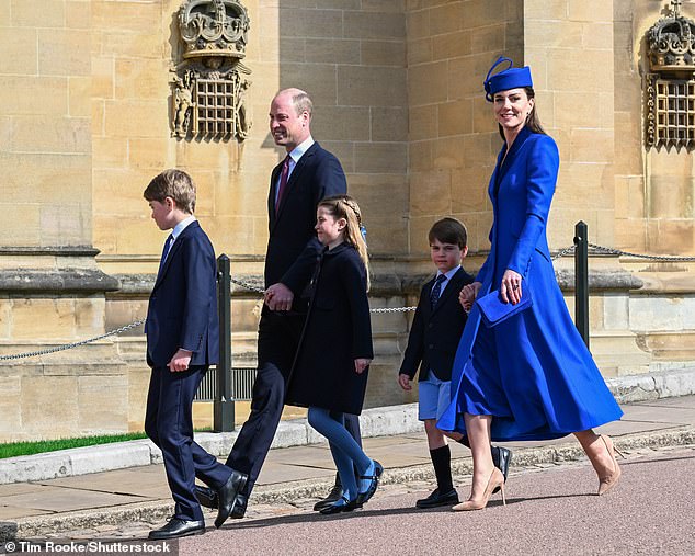 Kate will not join the other royals for the traditional Easter service in Windsor following her cancer diagnosis. Pictured: The family at last year's service at St George's Chapel