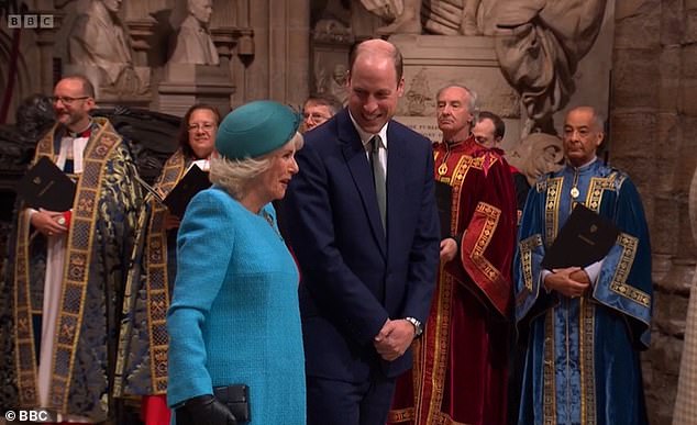 Queen Camilla and Prince William share a giggle as they lead the royals at Westminster Abbey during the Commonwealth Day Service on March 11