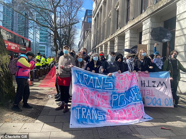 Protesters outside the conference on Saturday where experts from the Clinical Advisory Network on Sex and Gender (Can-SG) discussed issues such as the dangers of sex-change drugs for children