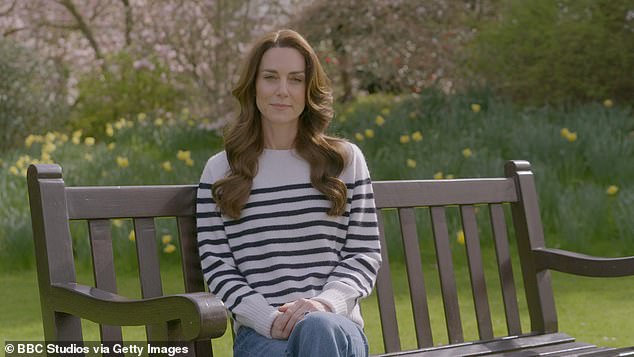 Kate Middleton’s use of ‘simple wooden bench’ in emotional cancer video was ‘a scene any family could identify with’, expert reveals after princess was filmed in casual outdoor setting so beloved of other royals through the years