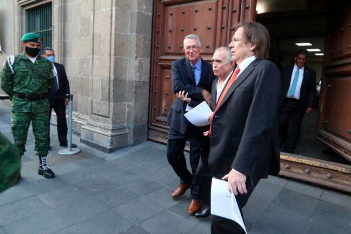 Businessmen including Ricardo Salinas Pliego, centre left, leave the National Palace in Mexico City  after a meeting with President Andrés Manuel López Obrador in 2021