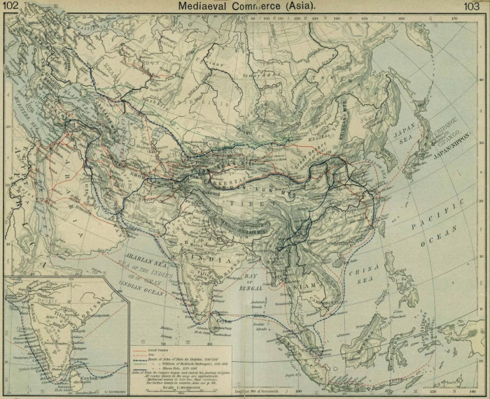 A map from the 1920s that shows the routes taken across Asia in the 13th century by Giovanni da Pian del Carpini, William of Rubruck and Marco Polo