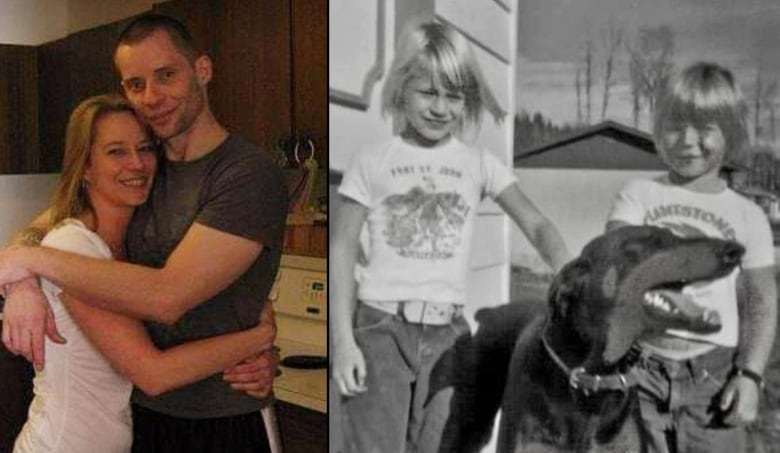 Two side-by-side photos: A man and woman hug each other and smile at the camera in the left image; in the right image, a little girl and boy stand with a dog.