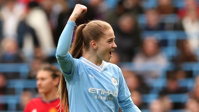 ManCity's Jess Park celebrates scoring their second goal against Man Utd