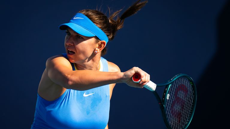 Simona Halep in action against Paula Badosa in the first round of the Miami Open 