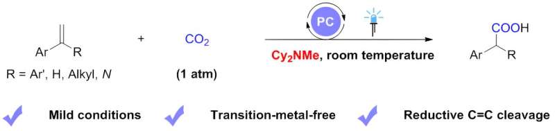 Photocatalytic synthesis of aryl acetic acid via C=C double bond cleavage with CO2