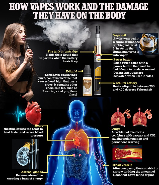 The sinister truth about vaping – and why habit loved by teens isn’t as safe as you may think: Interactive graphic reveals how e-cigarettes affect your body over time after shock study sparked cancer fears