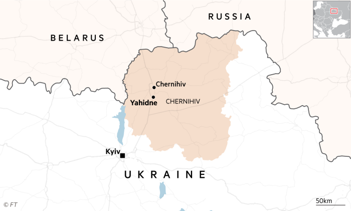 Map showing Yahidne in the Chernihiv oblast in northern Ukraine