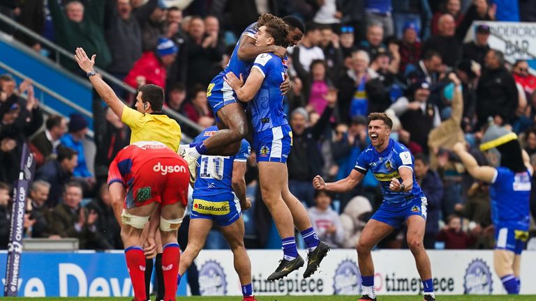 Exeter Chiefs' Zack Wimbush and Immanuel Feyi-Waboso celebrate victory over Bath