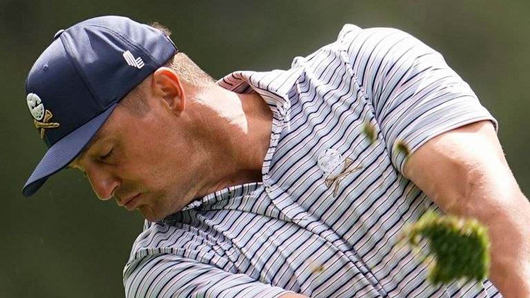 Bryson DeChambeau hits his tee shot on the fourth hole during the first round at the Masters golf tournament at Augusta National Golf Club Thursday, April 11, 2024, in Augusta, Ga. (AP Photo/George Walker IV)