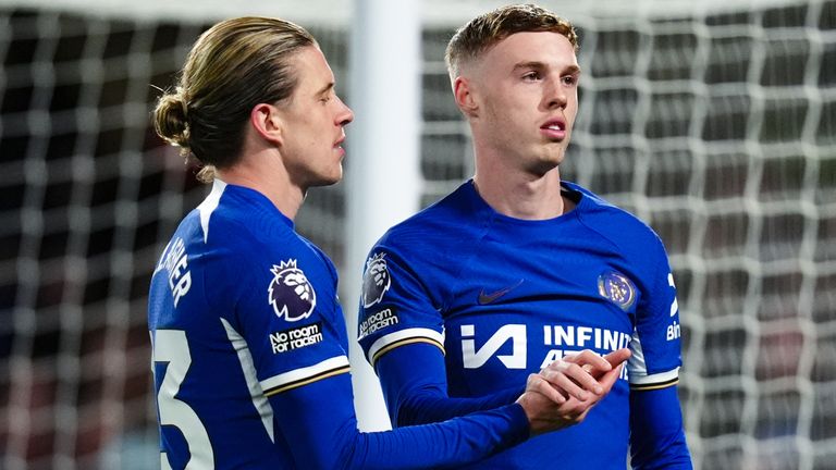 Chelsea's Cole Palmer celebrates scoring his fourth goal against Everton