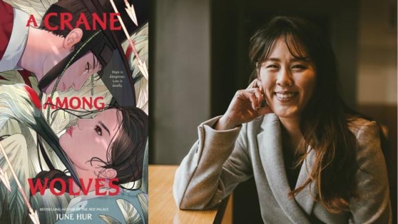 A Crane Among Wolves by June Hur. Illustrated cover shows two close-up profiles of faces staring at one another while arrows fly past them. Portrait of a Korean female author in a grey blazer.