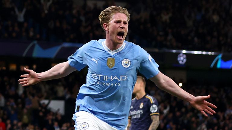 Kevin De Bruyne celebrates after equalising for Man City against Real Madrid