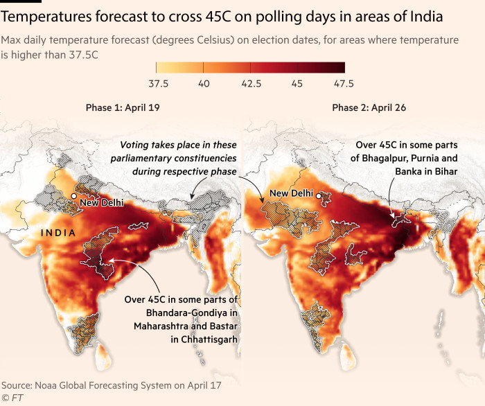 Map of India showing the temperature forecast for India on polling days. Some areas will exceed 45C. Source: Noaa Global Forecasting System