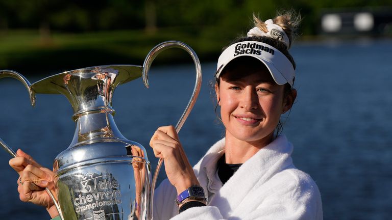 Nelly Korda poses with the trophy after winning the Chevron Championship LPGA golf tournament Sunday, April 21, 2024, at The Club at Carlton Woods in The Woodlands, Texas. (AP Photo/David J. Phillip)