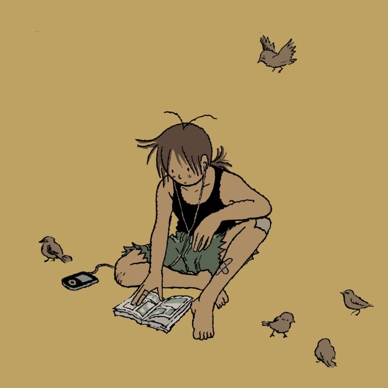 An animated youth sits on a patch of grass. She reads a book while listening to music.