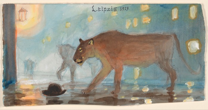 A painting shows lions patrolling an urban street at night time; a gas lamp glows on a wall and a bowler hat has been left on the ground