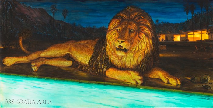 A painting shows a male lion reclining next to a swimming pool at night time; behind it is a large house with lights on, and on the ground next to the lion is a broken champagne bottle. At the bottom of the picture are the words ‘Ars gratia artis’