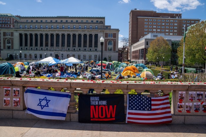 Signs in support of Israel are posted on campus at Columbia University near the encampment in New York City