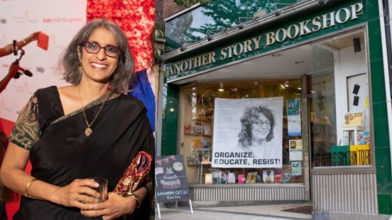 On the left is a photo of a woman wearing glasses with black and gray bob-cut hair holding a glass and smiling at the camera. On the right is a store that says "Another Story Bookshop" with large windows and books on display. 