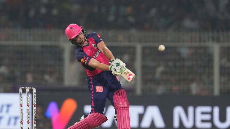 Rajasthan Royals&#39; Jos Buttler plays a shot during the Indian Premier League cricket match between Kolkata Knight Riders and Rajasthan Royals in Kolkata, India, Tuesday, April 16, 2024. (AP Photo/Bikas Das)


