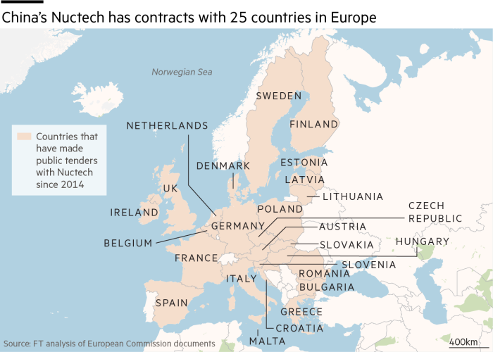 Map showing countries in Europe that have made public tenders with Nuctech since 2014