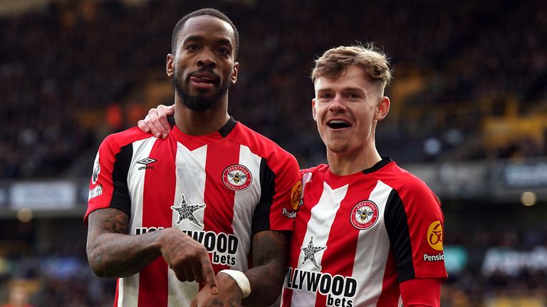 Ivan Toney celebrates after scoring Brentford's second goal against Wolves