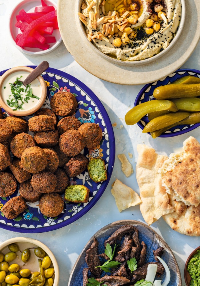 Falafel, hummus, manakish, lamb and pickles