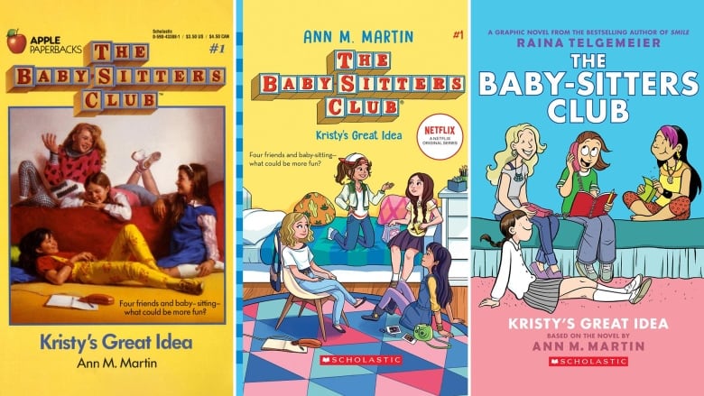 A composite image of three versions of first The Baby-Sitters Club book, Kristy's Great Idea.