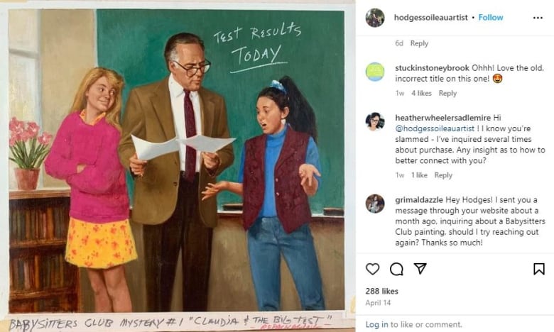 A picture of an instagram post of an oil painting of two girls standing in a classroom with a teacher holding a piece of paper