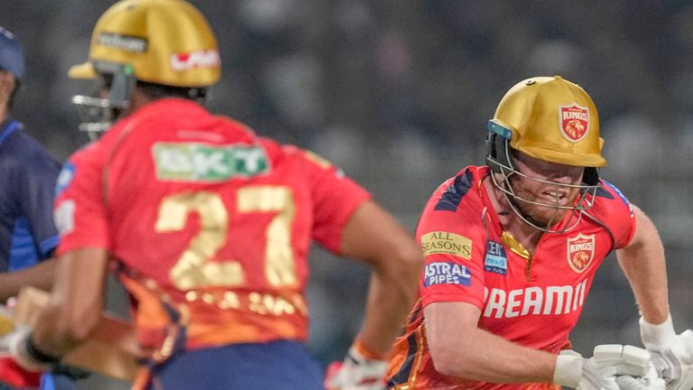 Punjab KingsPunjab Kings Jonny Bairstow, right and Varun Chakravarthy run between the wickets during the Indian Premier League cricket match between Kolkata Knight Riders and Punjab Kings' in Kolkata, India, Friday, April 26, 2024. (AP Photo/Bikas Das)