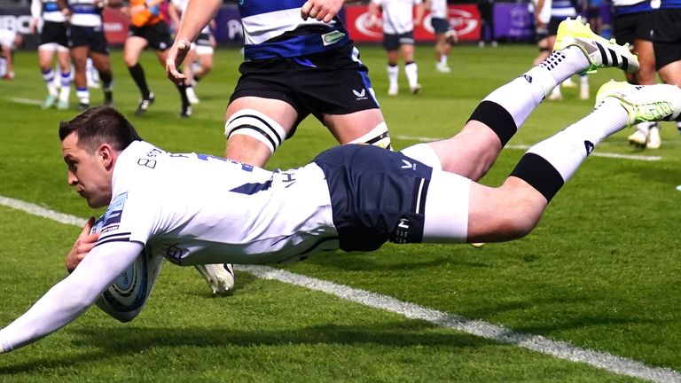 Saracens' Tom Parton scores his side's first try of the game during the Gallagher Premiership match at The Recreation Ground, Bath