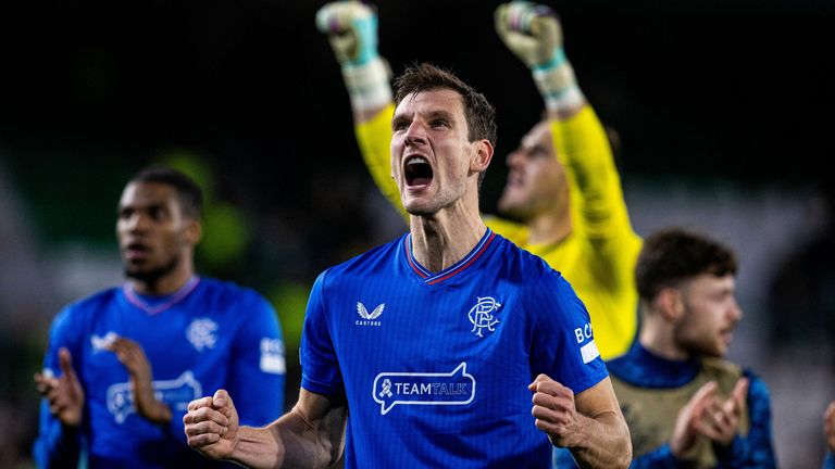 SEVILLE, SPAIN - DECEMBER 14: Rangers' Borna Barisic celebrates at full time during a UEFA Europa League match between Real Betis and Rangers at Estadio Benito Villamarin, on December 14, 2023, in Seville, Scotland. (Photo by Alan Harvey / SNS Group)