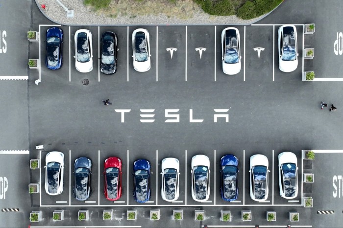 Aerial view of Tesla cars